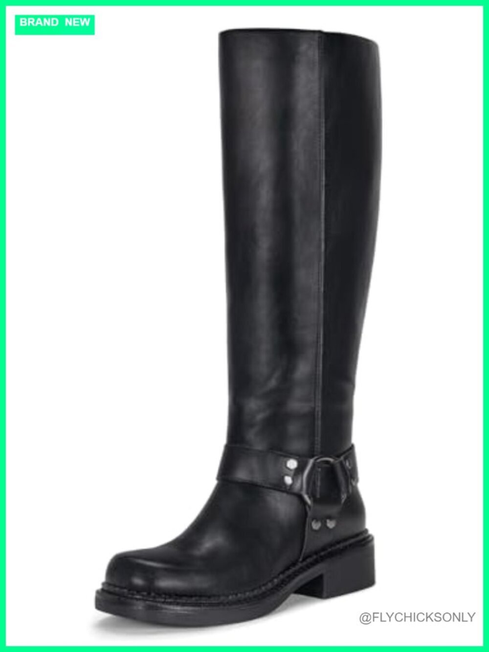 Knee High Square Toe Chunky Low Heel Motorcycle Boots with Rivets Faux Leather